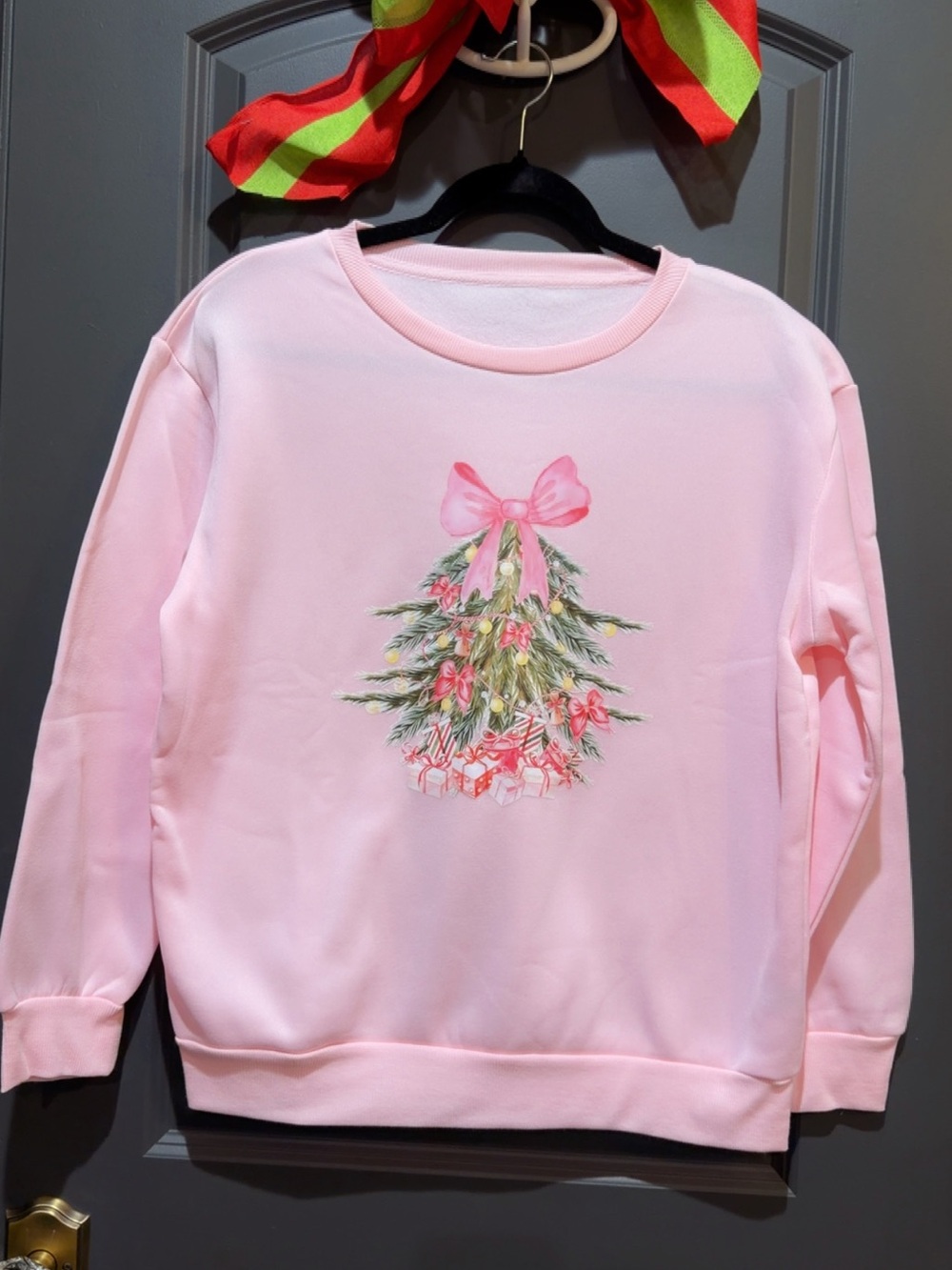 SHEIN Pink Crewneck Sweater with Bow-Topped Tree Graphic